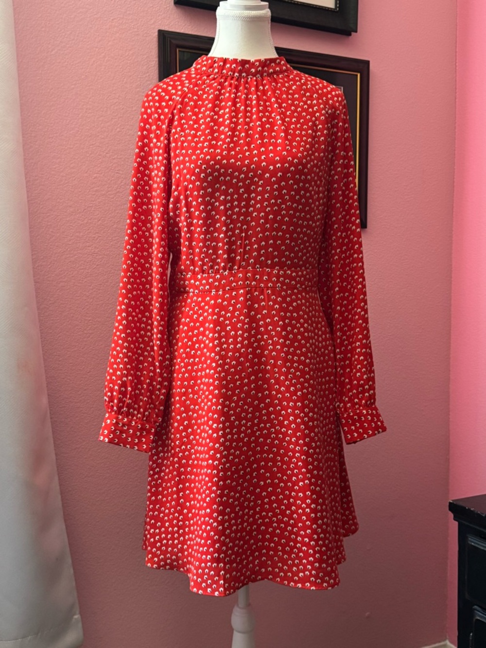 Banana Republic Red Patterned Long-Sleeve Dress